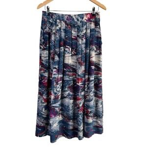 Vintage 80s Selections Manor House Abstract Print Pleated Midi Skirt Blue Red, M